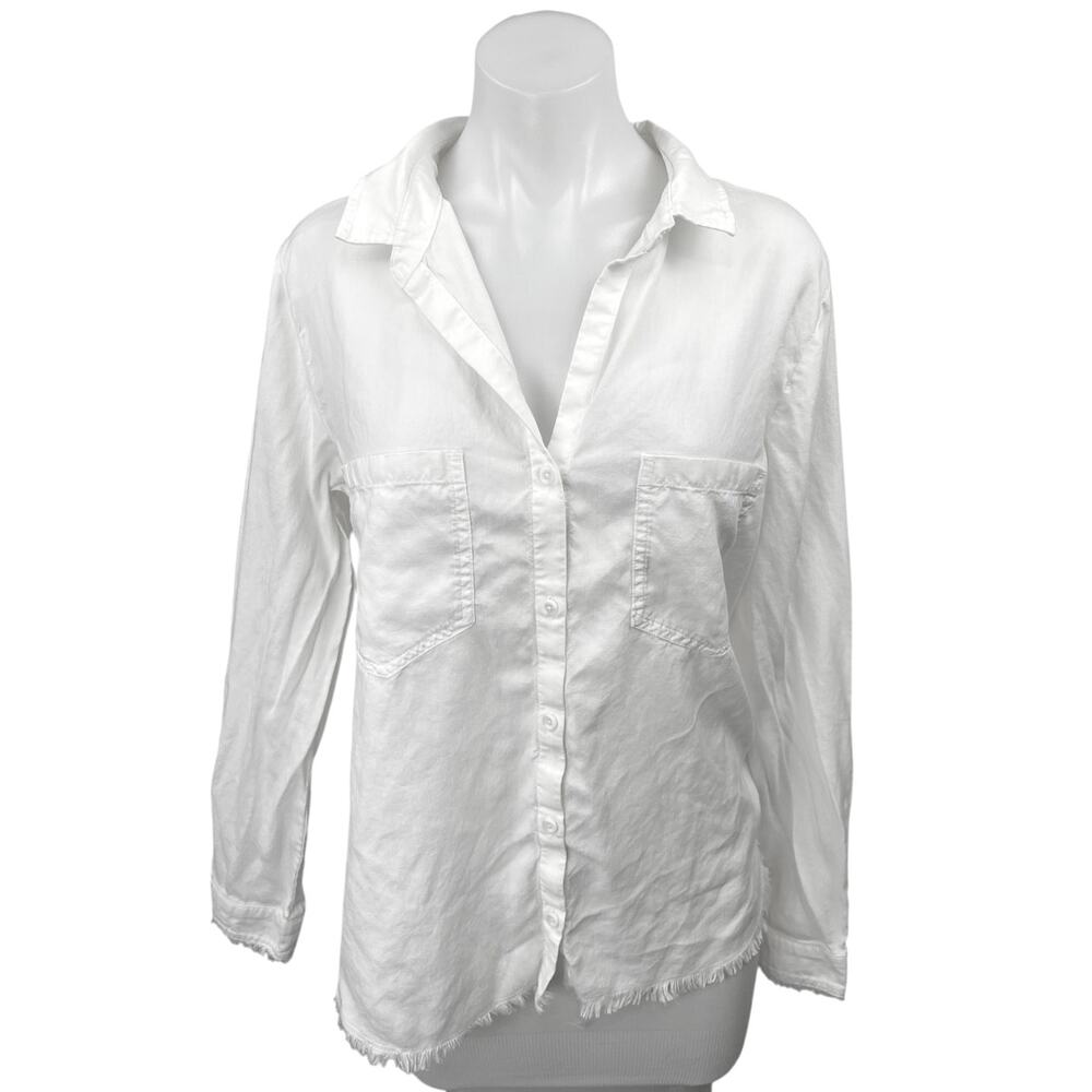 Anthropologie Cloth & Stone White Fringe Button Long Sleeve Blouse Shirt Top L
